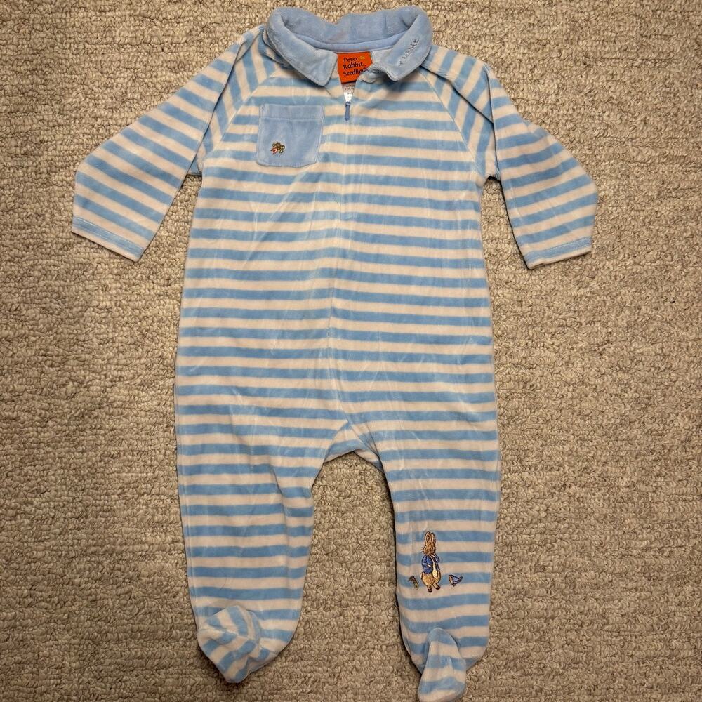 Vintage 2004 Peter Rabbit Seedlings Striped Velour Footed Sleeper Beatrix Potter